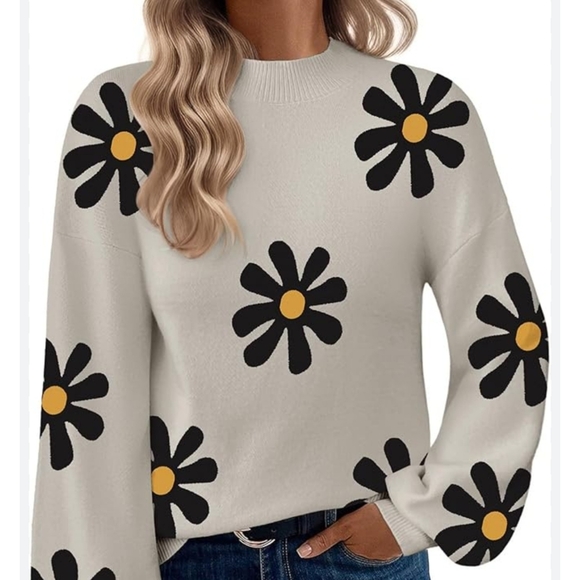 ZEAGOO WOMEN'S FLOWER SWEATER OATMEAL LONG SLEEVE BLACK YELLOW SIZE MEDIUM NWT - Picture 8 of 10